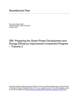 Resettlement Plan SRI: Preparing the Green Power Development And