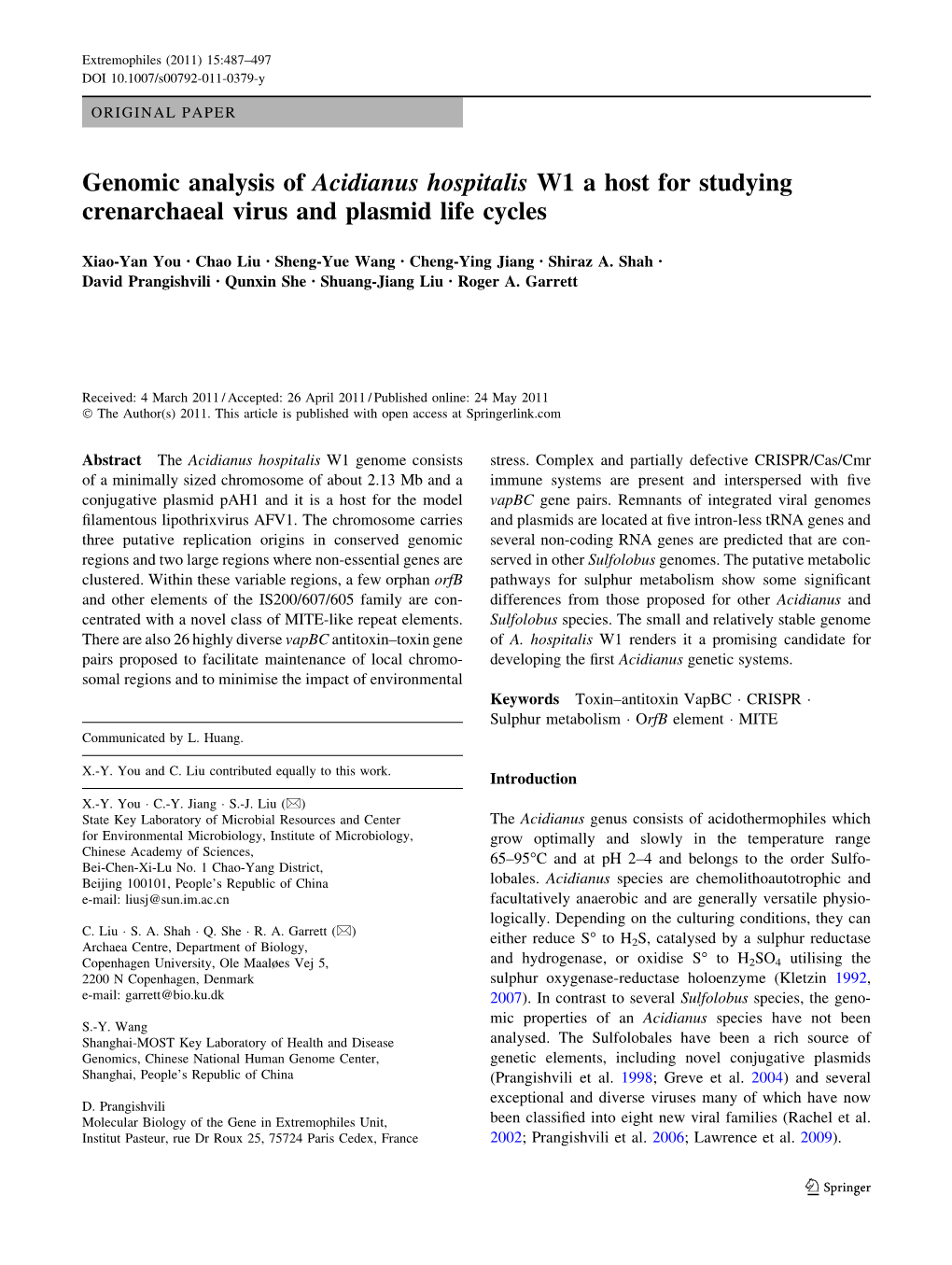 Genomic Analysis of Acidianus Hospitalis W1 a Host for Studying Crenarchaeal Virus and Plasmid Life Cycles