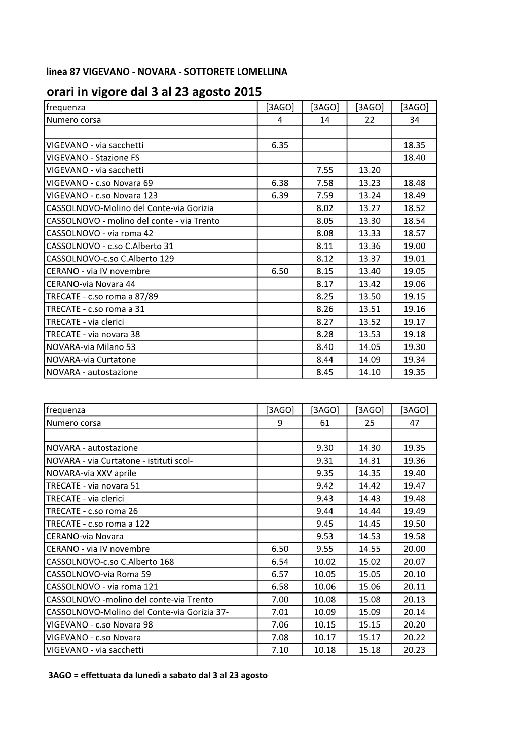 LOMELLINA Orari in Vigore Dal 3 Al 23 Agosto 2015 Frequenza [3AGO] [3AGO] [3AGO] [3AGO] Numero Corsa 4 14 22 34