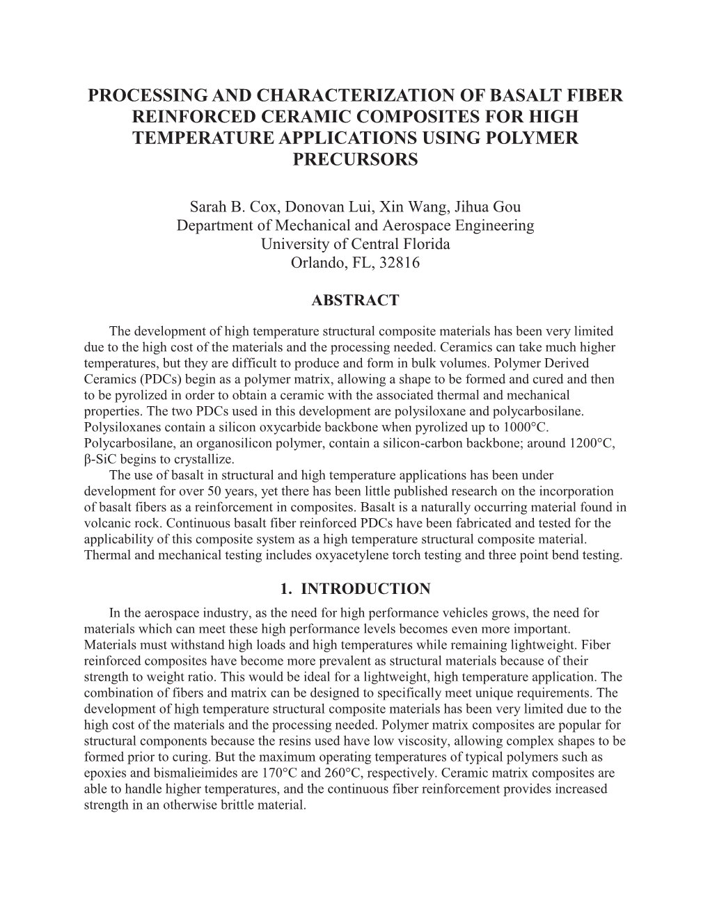 Processing and Characterization of Basalt Fiber Reinforced Ceramic Composites for High Temperature Applications Using Polymer Precursors