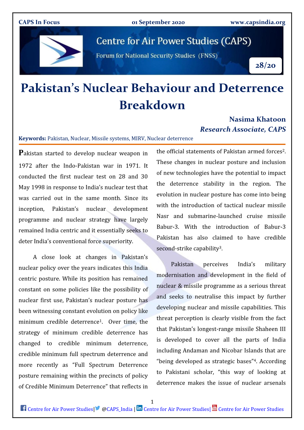 Pakistan's Nuclear Behaviour and Deterrence Breakdown