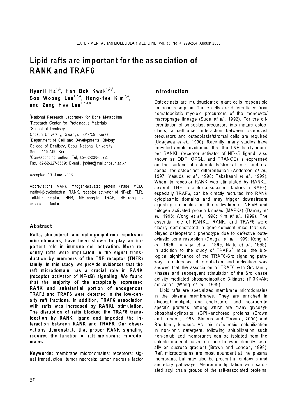 Lipid Rafts Are Important for the Association of RANK and TRAF6