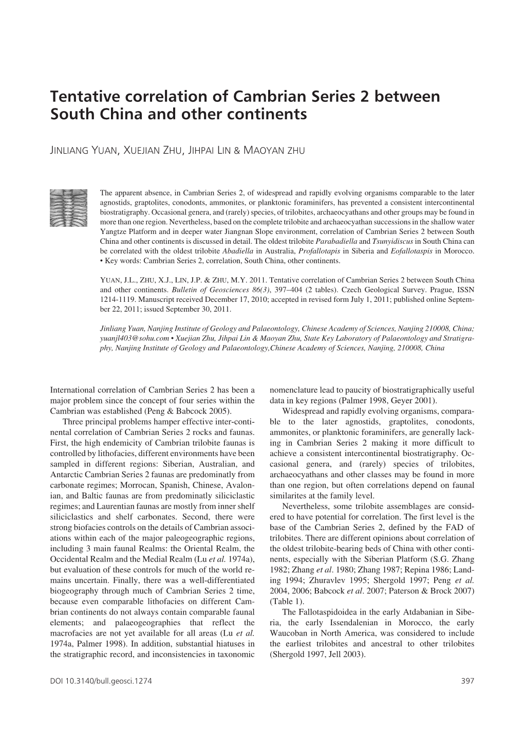 Tentative Correlation of Cambrian Series 2 Between South China and Other Continents