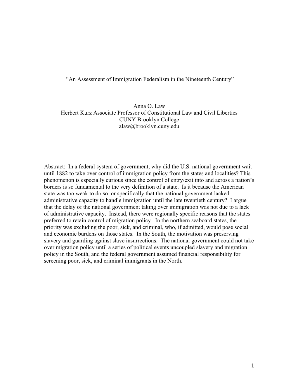 An Assessment of Immigration Federalism in the Nineteenth Century”