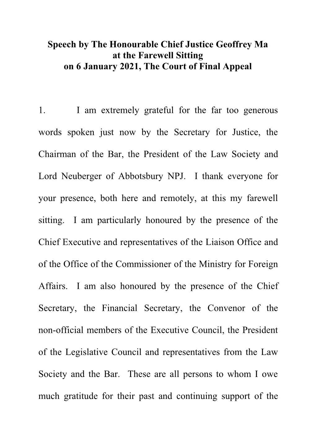 Speech by the Honourable Chief Justice Geoffrey Ma at the Farewell Sitting on 6 January 2021, the Court of Final Appeal