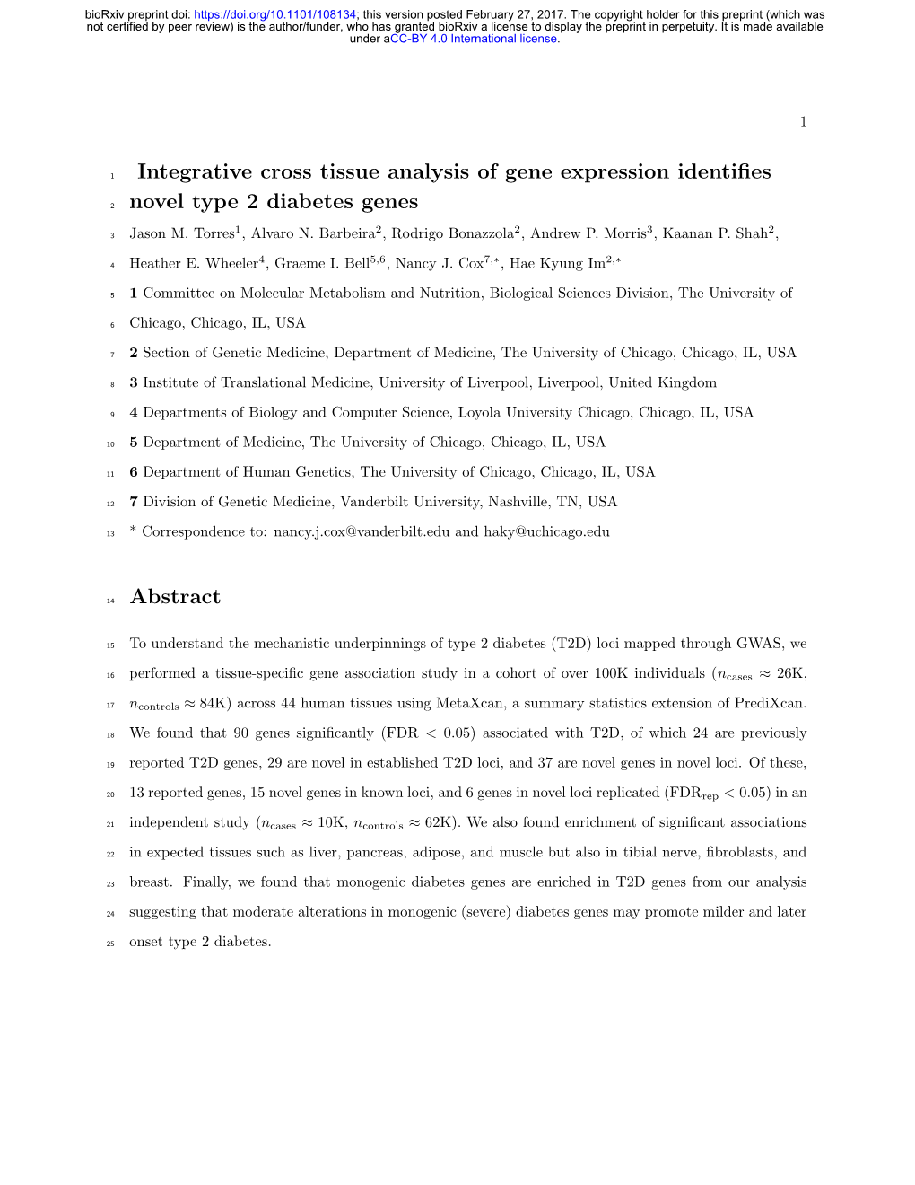 Integrative Cross Tissue Analysis of Gene Expression Identifies Novel