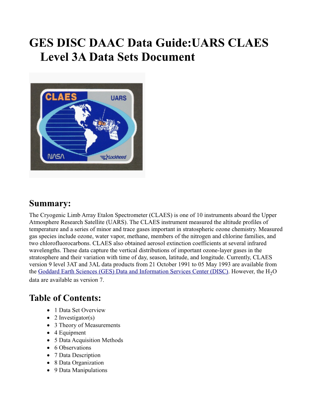 GES DISC DAAC Data Guide:UARS CLAES Level 3A Data Sets Document