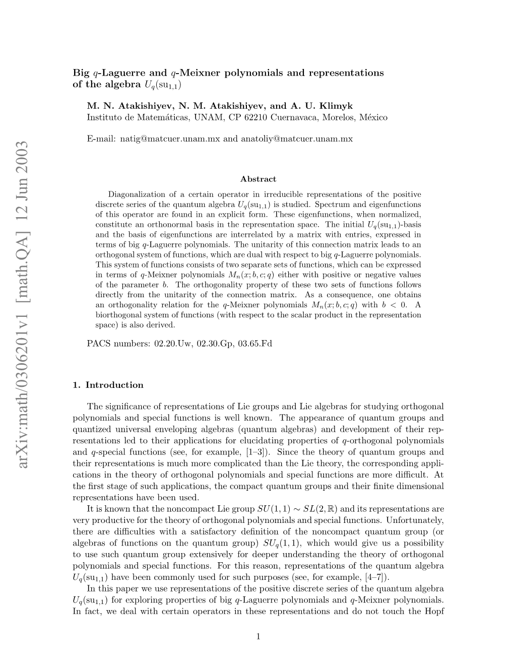 Arxiv:Math/0306201V1 [Math.QA] 12 Jun 2003 Ftealgebra the of .Introduction 1