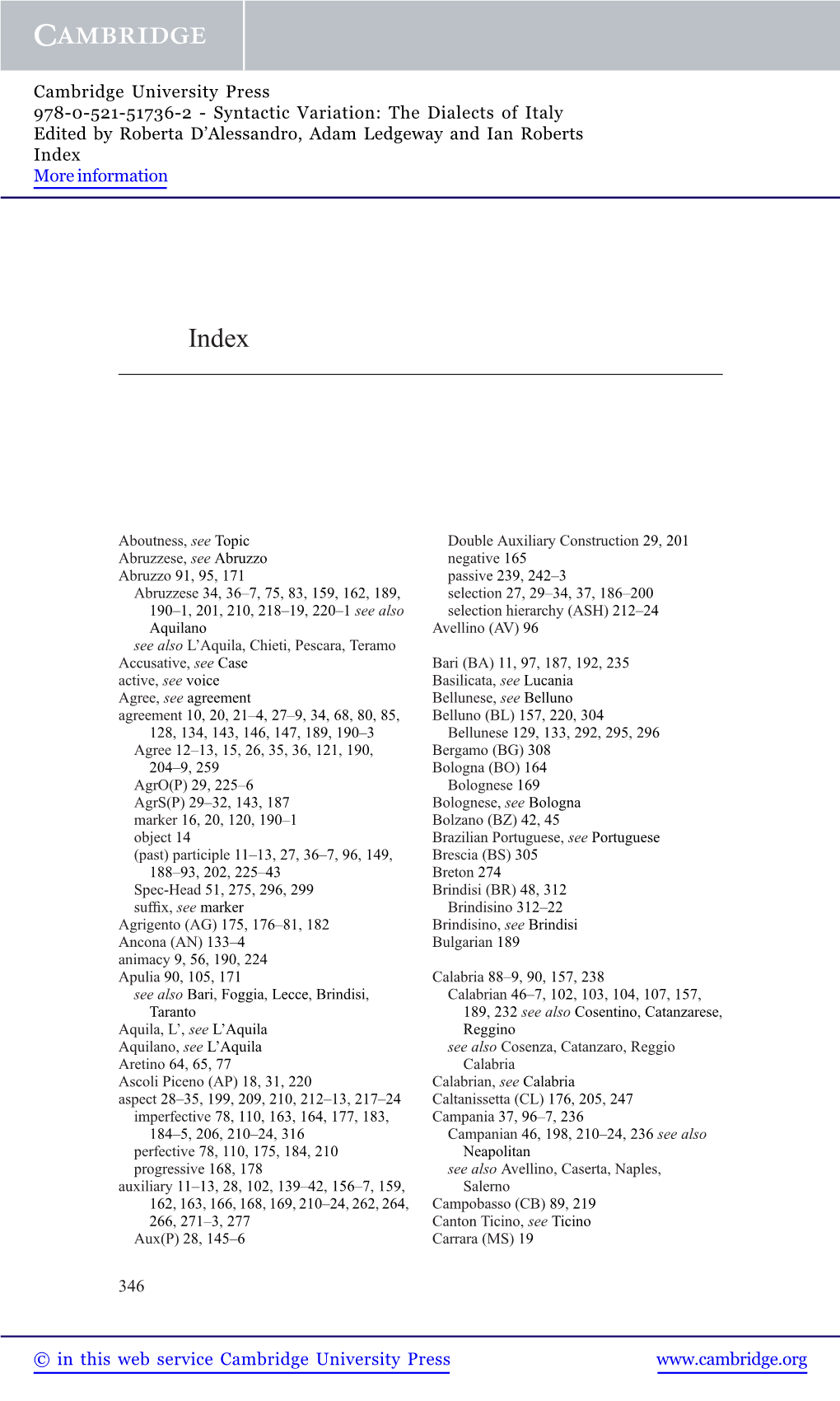 Syntactic Variation: the Dialects of Italy Edited by Roberta D’Alessandro, Adam Ledgeway and Ian Roberts Index More Information