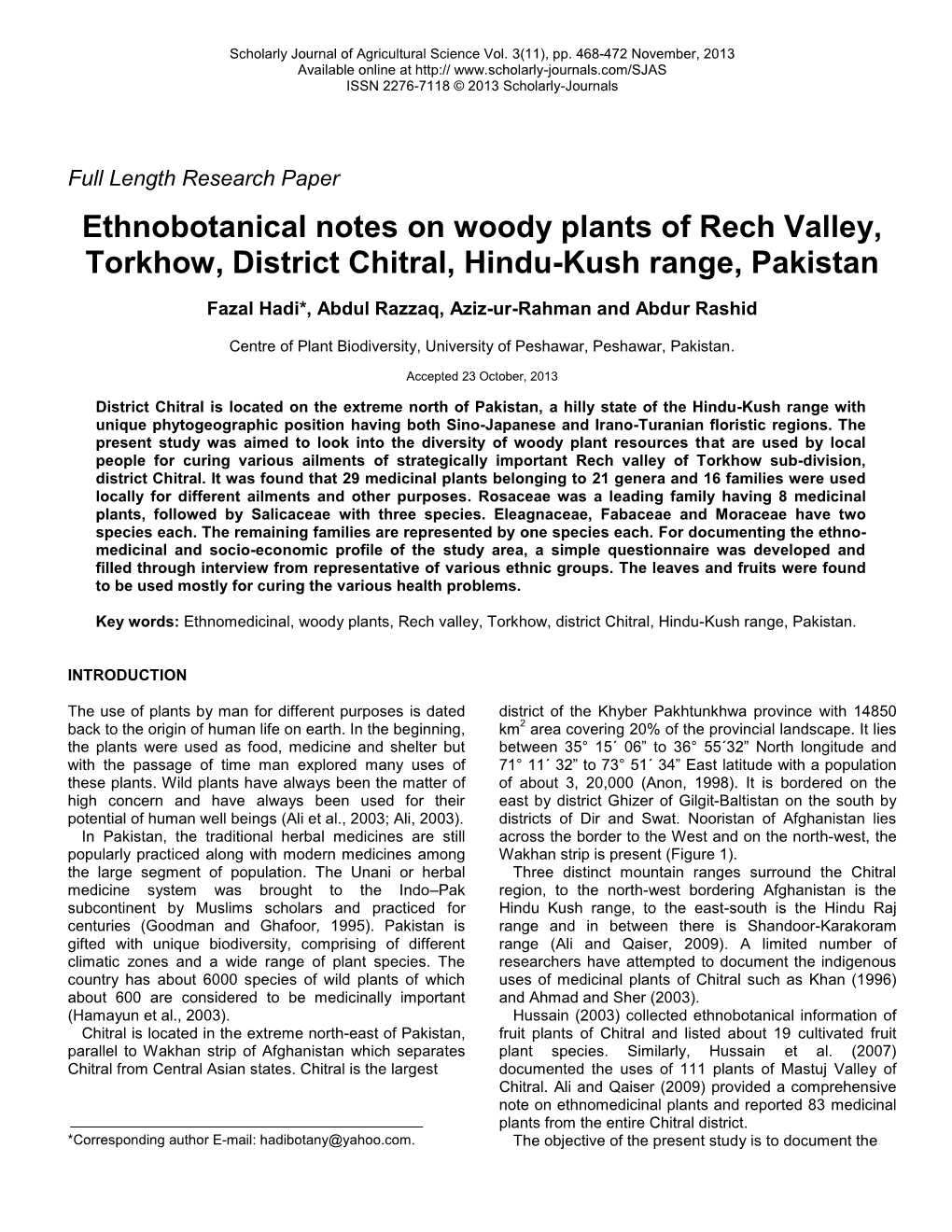 Ethnobotanical Notes on Woody Plants of Rech Valley, Torkhow, District Chitral, Hindu-Kush Range, Pakistan