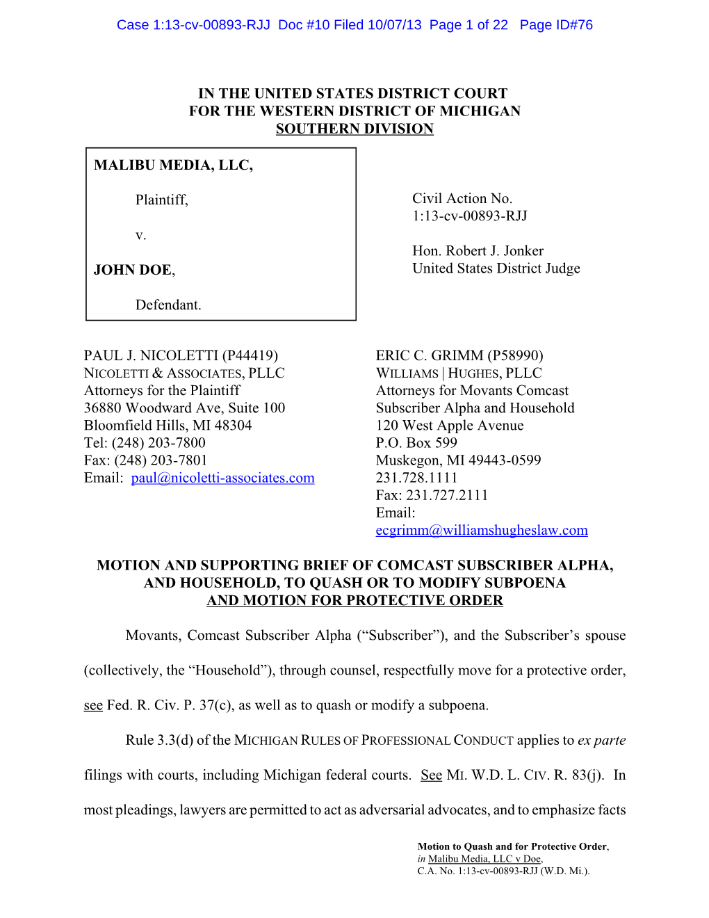 Motion to Quash and for Protective Order, in Malibu Media, LLC V Doe, C.A