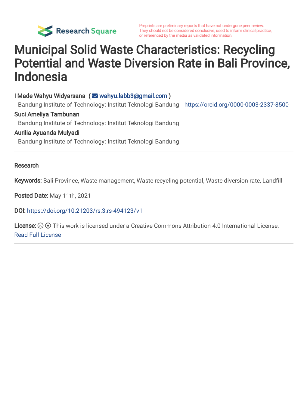 Recycling Potential and Waste Diversion Rate in Bali Province, Indonesia