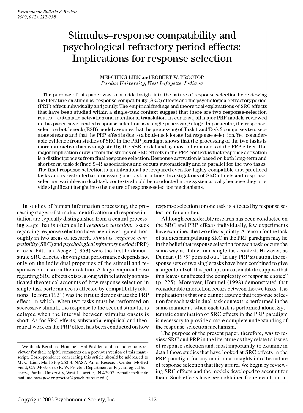 Stimulus-Response Compatibility and Psychological Refractory Period Effects