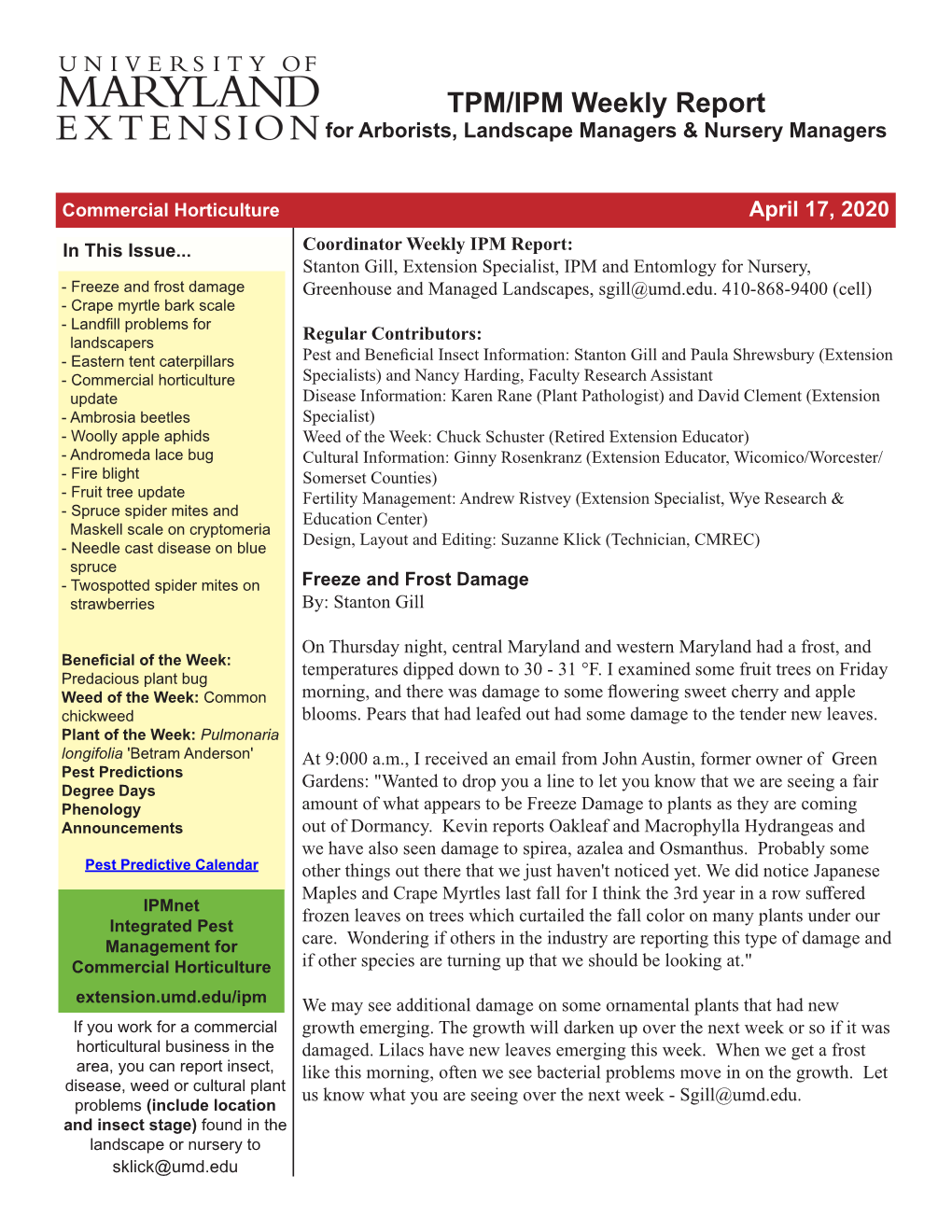 April 17, 2020 Landscape and Nursery IPM Report