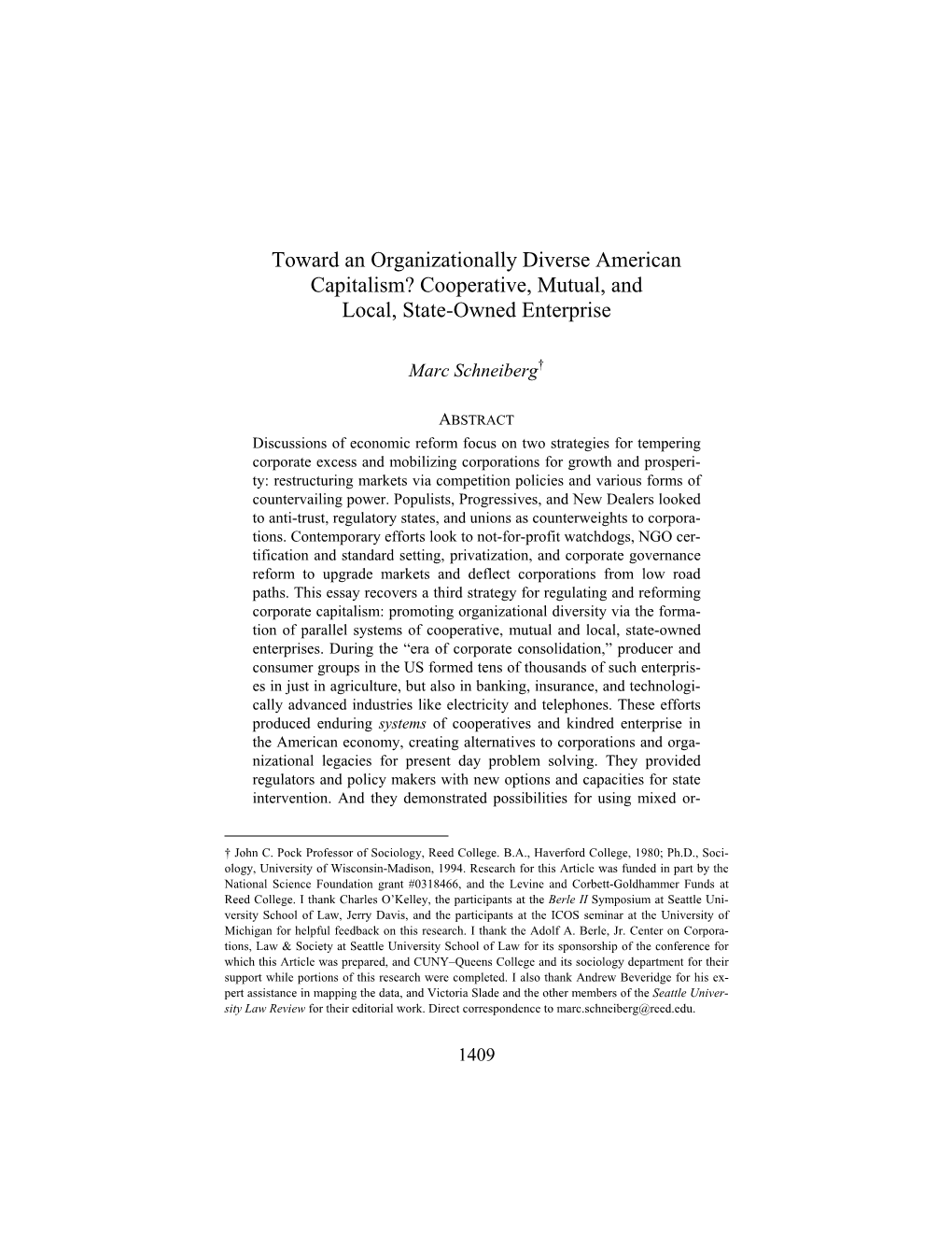 Toward an Organizationally Diverse American Capitalism? Cooperative, Mutual, and Local, State-Owned Enterprise