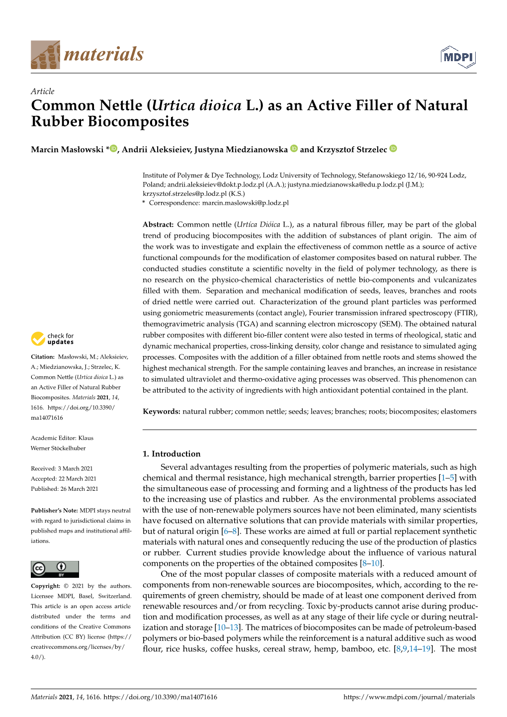 Common Nettle (Urtica Dioica L.) As an Active Filler of Natural Rubber Biocomposites