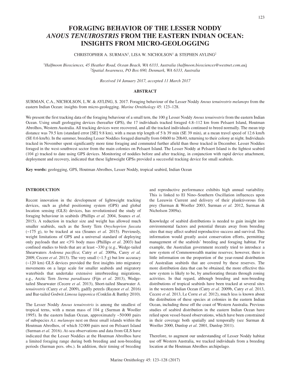 Foraging Behavior of the Lesser Noddy Anous Tenuirostris from the Eastern Indian Ocean: Insights from Micro-Geologging