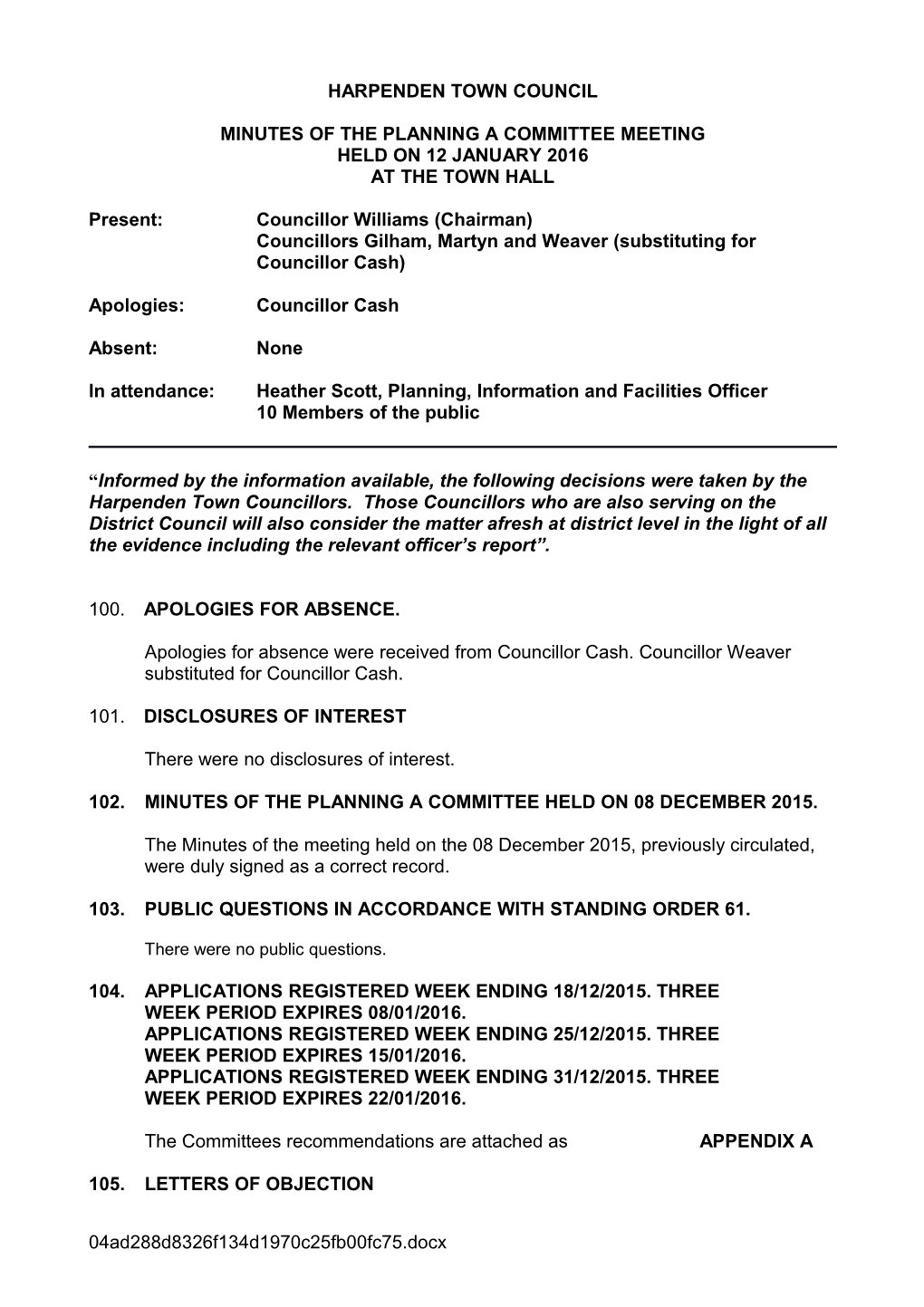 Minutes of the Planning a Committee Meeting