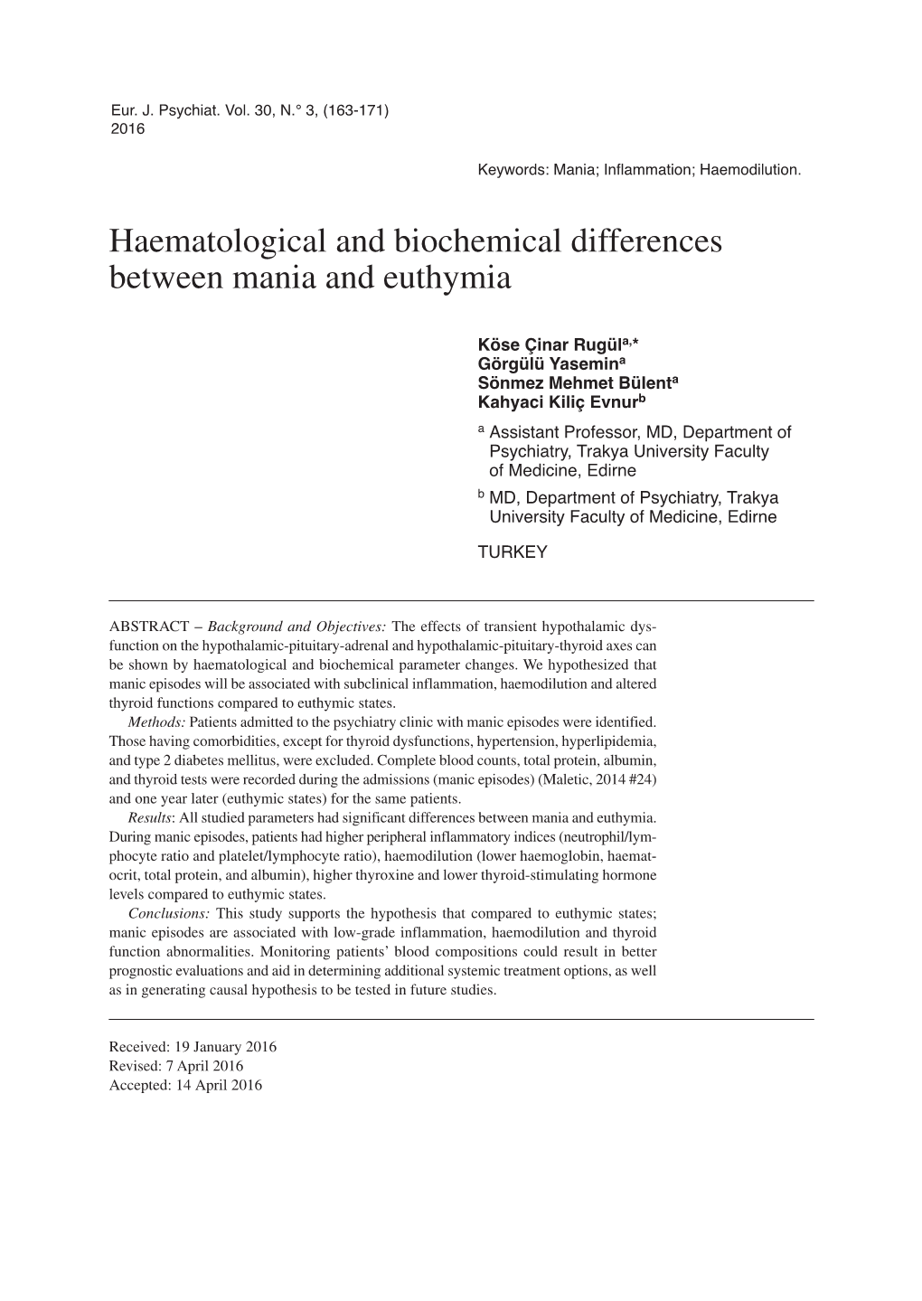 Haematological and Biochemical Differences Between Mania and Euthymia