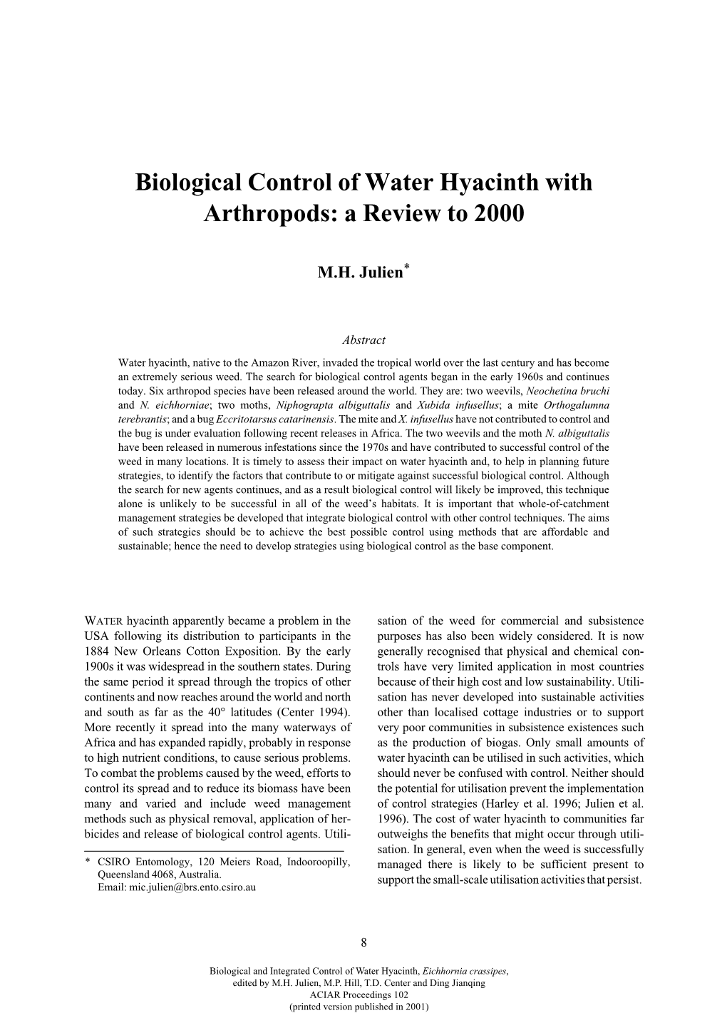 Biological Control of Water Hyacinth with Arthropods: a Review to 2000