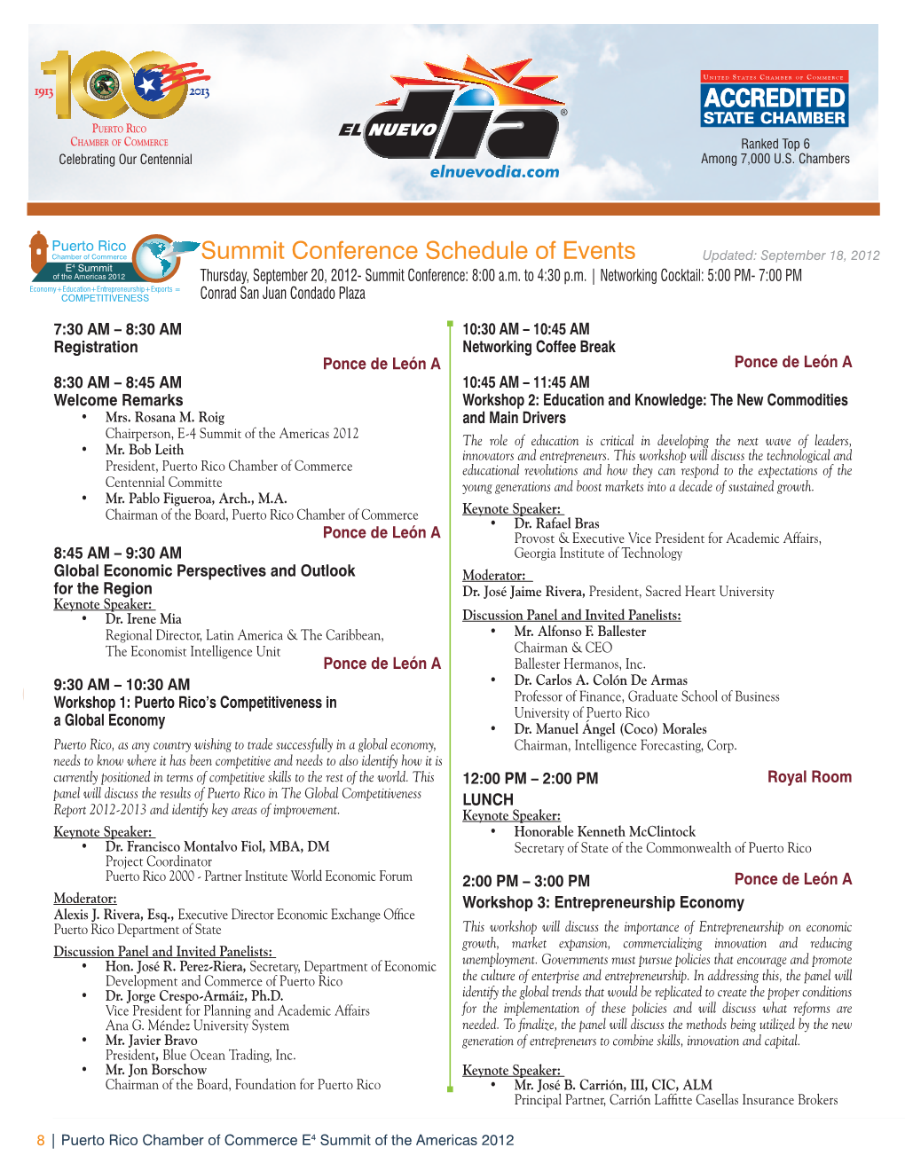 Puerto Rico Summit Conference Schedule of Events