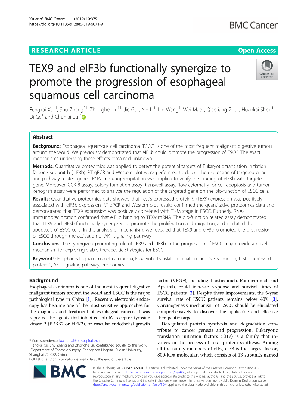 TEX9 and Eif3b Functionally Synergize to Promote the Progression Of