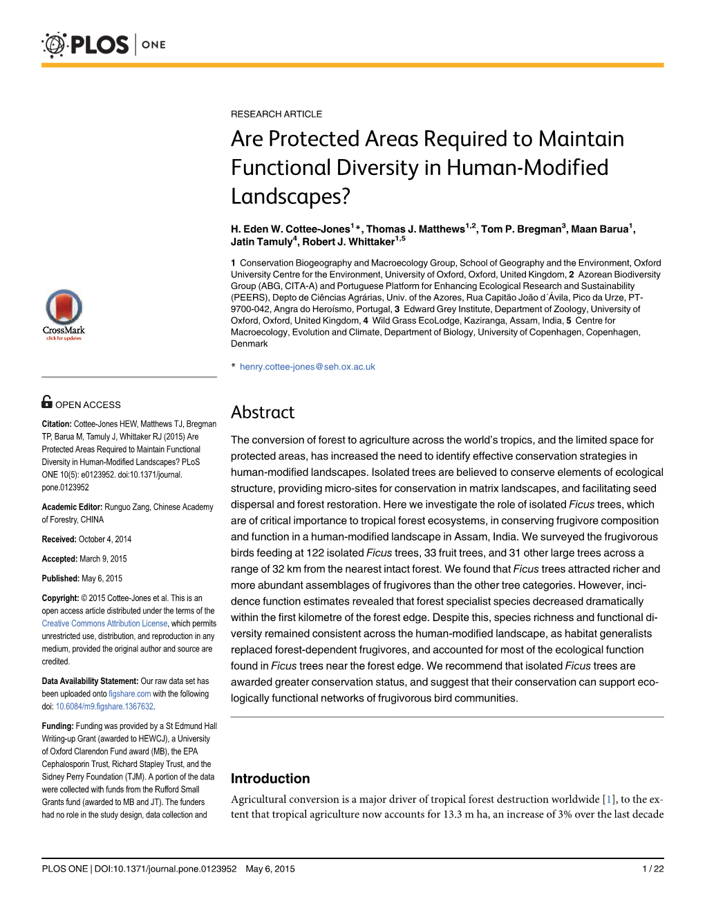 Are Protected Areas Required to Maintain Functional Diversity in Human-Modified Landscapes?