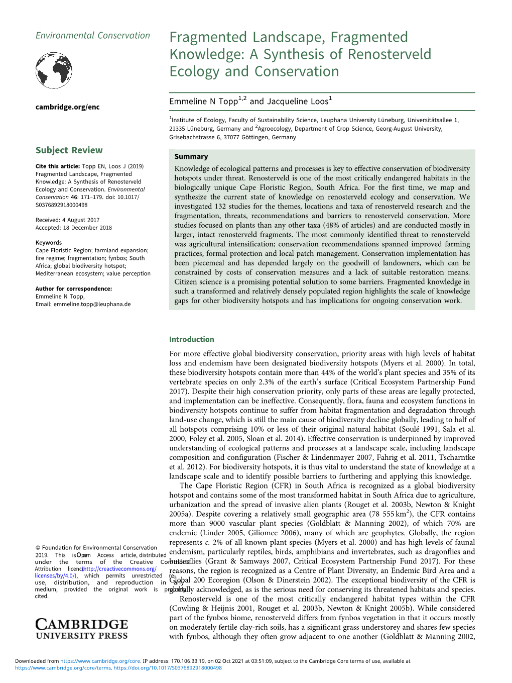 A Synthesis of Renosterveld Ecology and Conservation