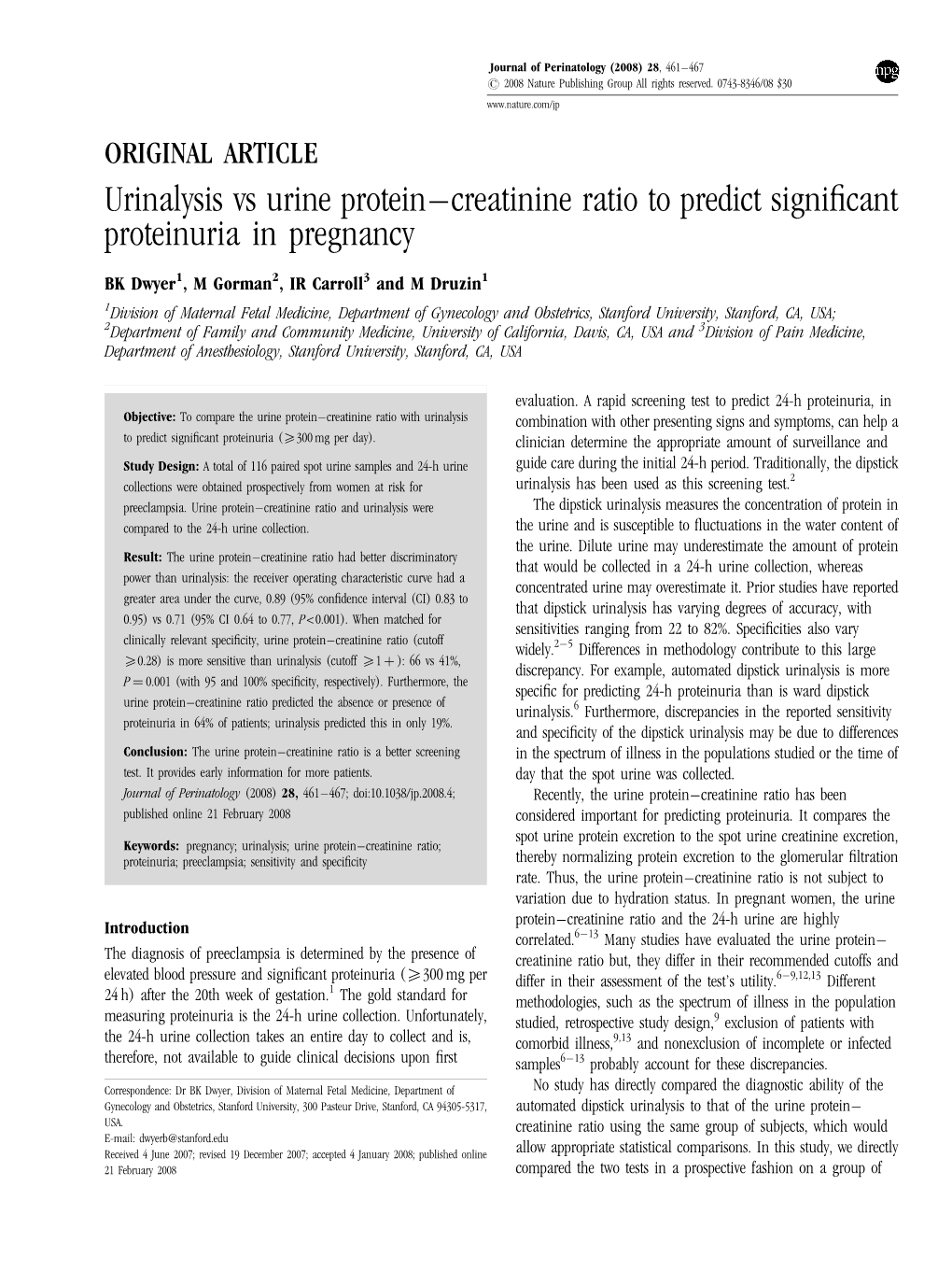 Urinalysis Vs Urine Protein–Creatinine Ratio to Predict Significant