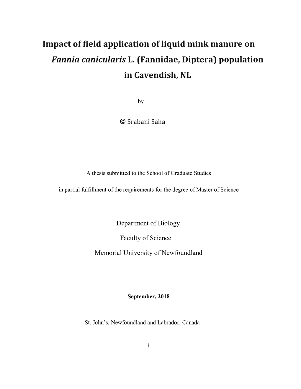 Impact of Field Application of Liquid Mink Manure on Fannia Canicularis L. (Fannidae, Diptera) Population in Cavendish, NL