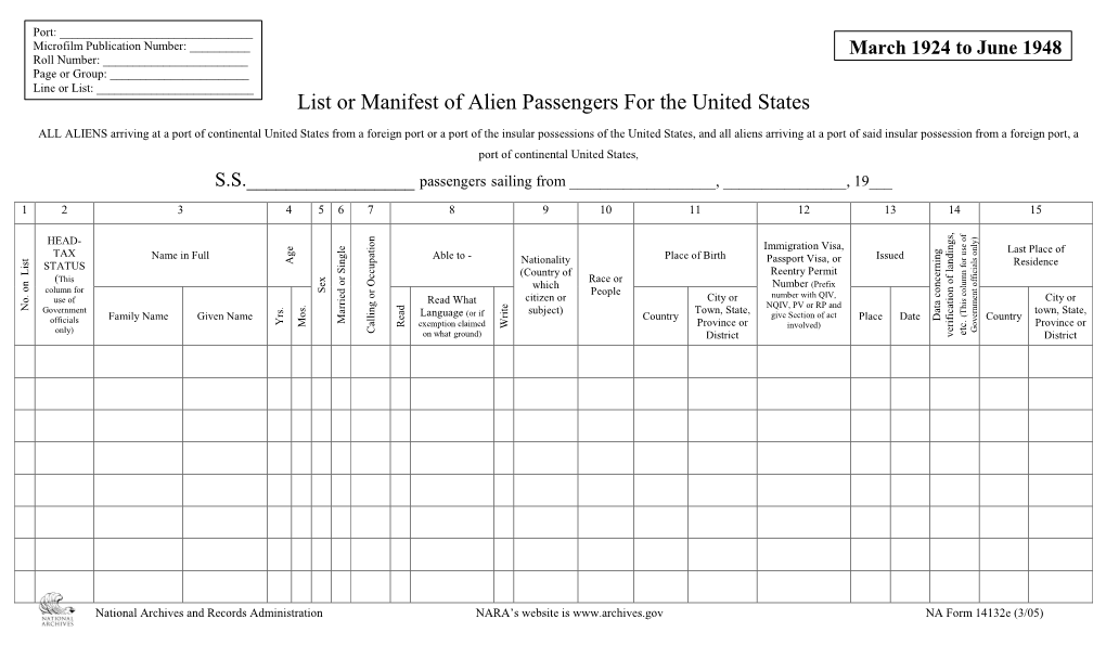 List Or Manifest of Alien Passengers for the United States, March 1924