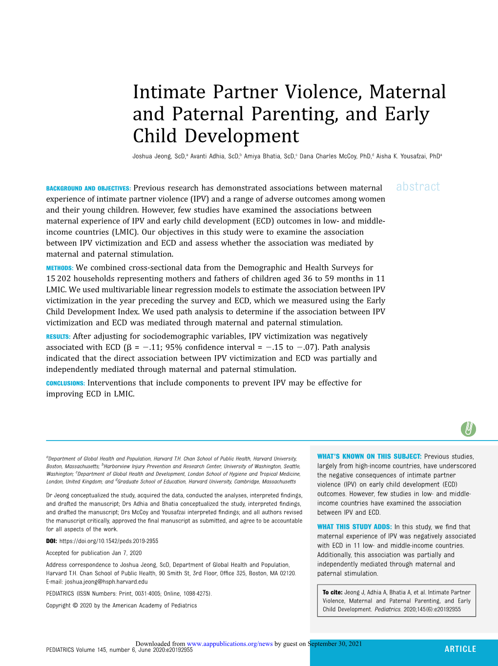 Intimate Partner Violence, Maternal and Paternal Parenting, and Early