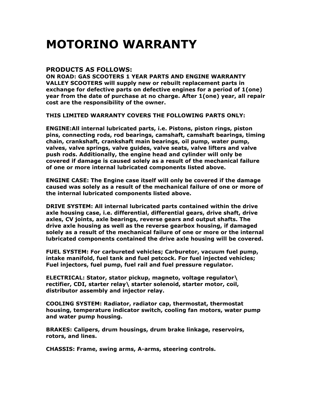 Motorino Warranty