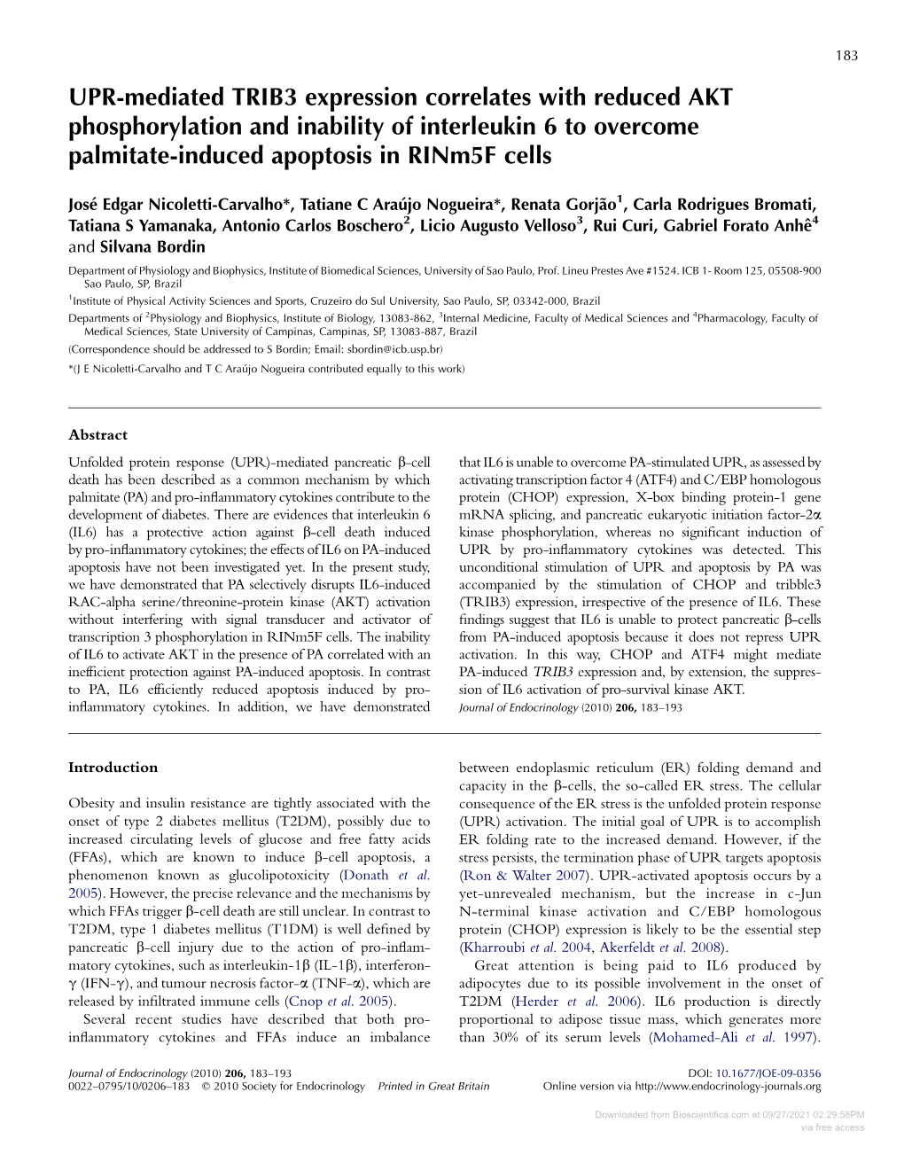 UPR-Mediated TRIB3 Expression Correlates with Reduced AKT Phosphorylation and Inability of Interleukin 6 to Overcome Palmitate-Induced Apoptosis in Rinm5f Cells