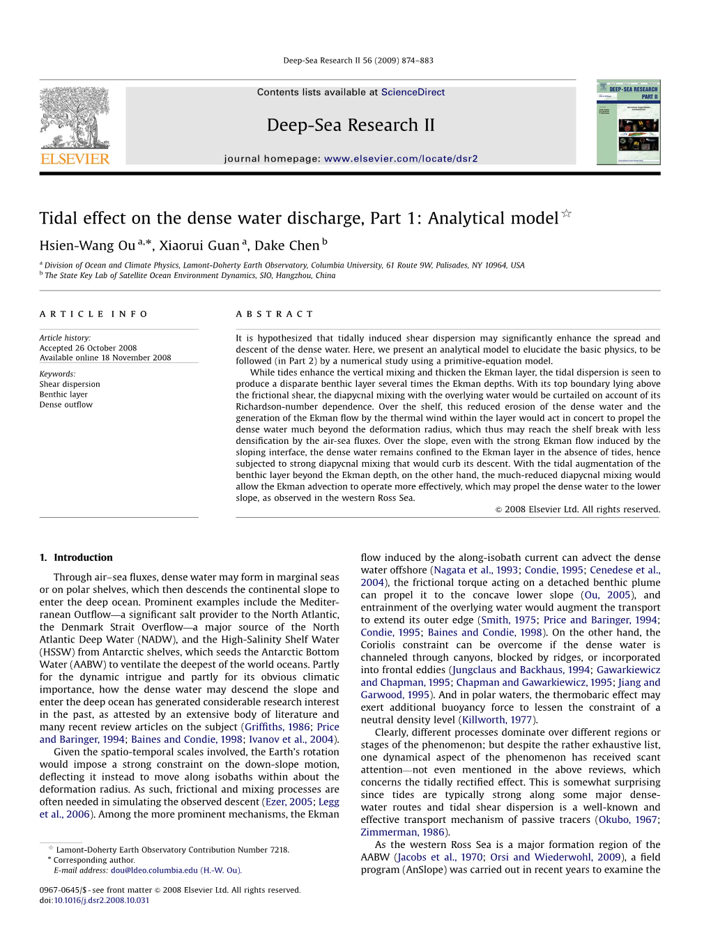 Tidal Effect on the Dense Water Discharge, Part 1 Analytical Model