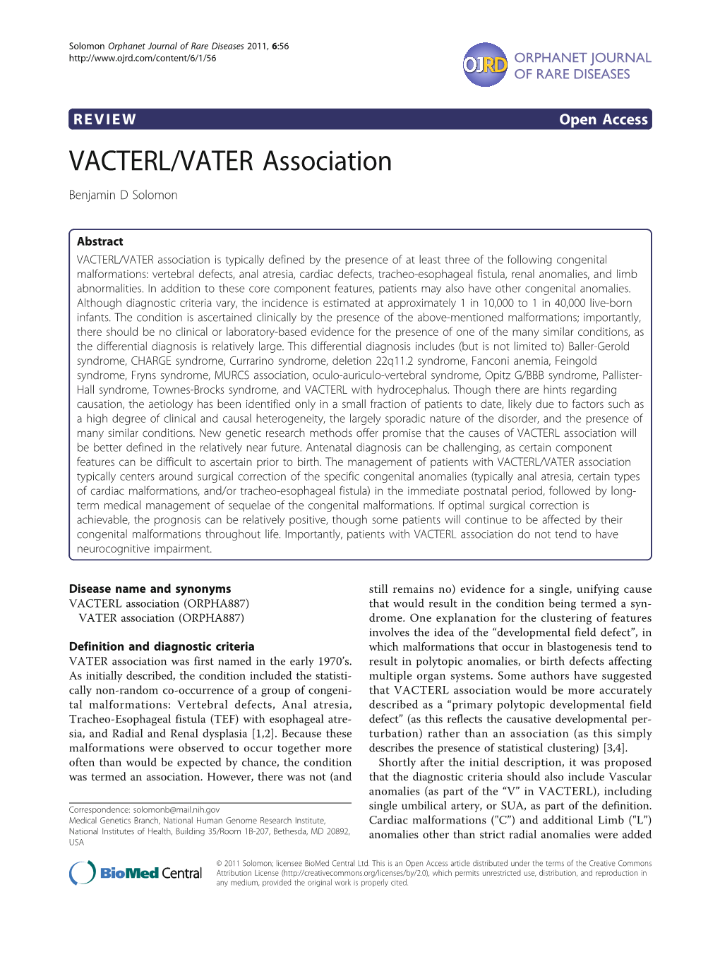 VACTERL/VATER Association Benjamin D Solomon