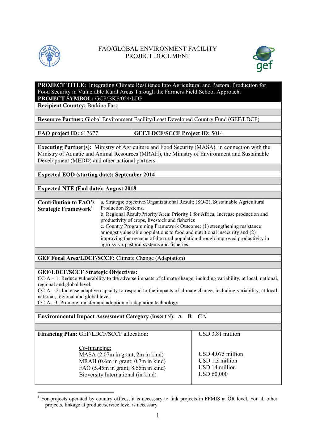 1 Fao/Global Environment Facility Project Document