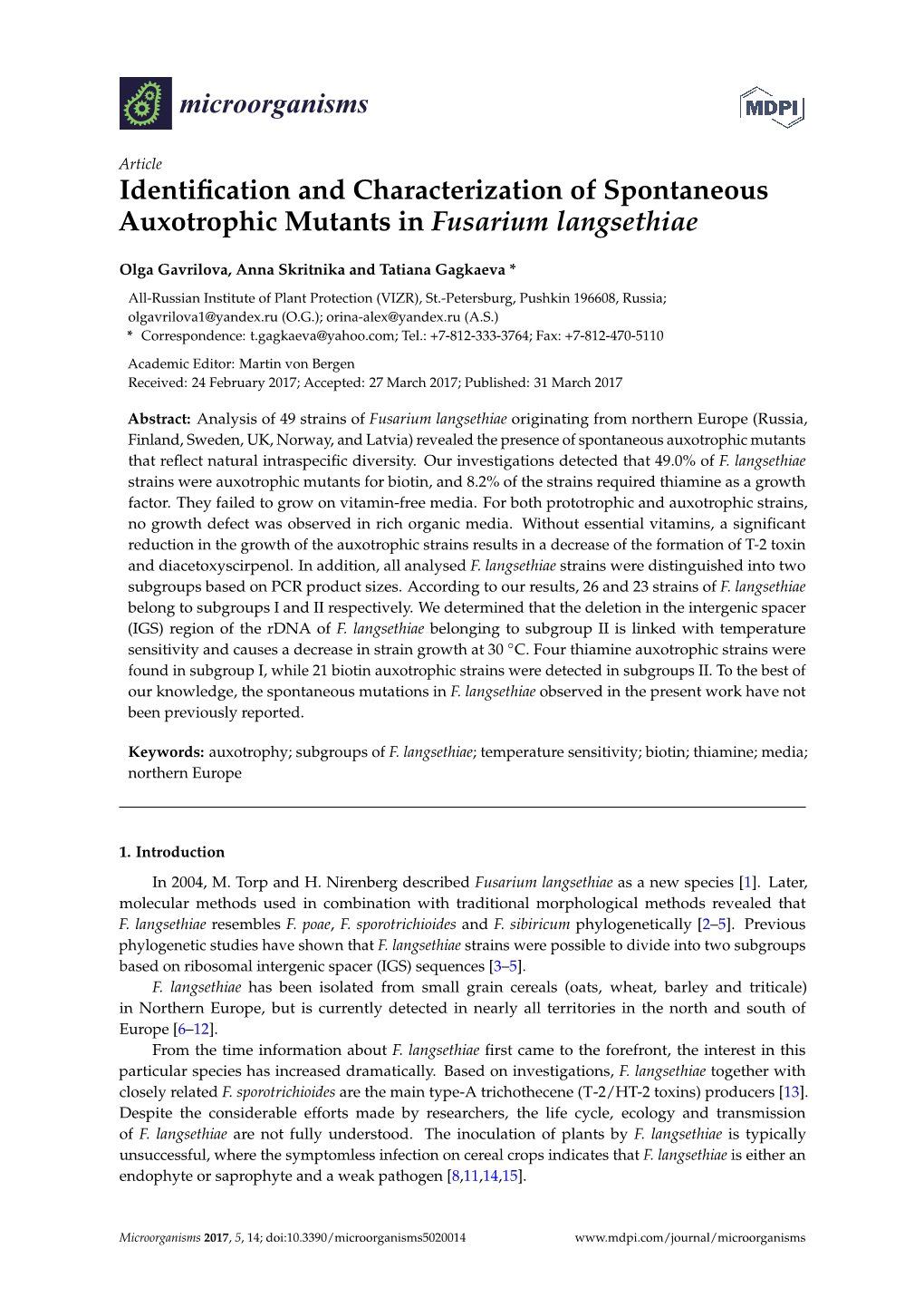 Identification and Characterization of Spontaneous Auxotrophic Mutants in Fusarium Langsethiae