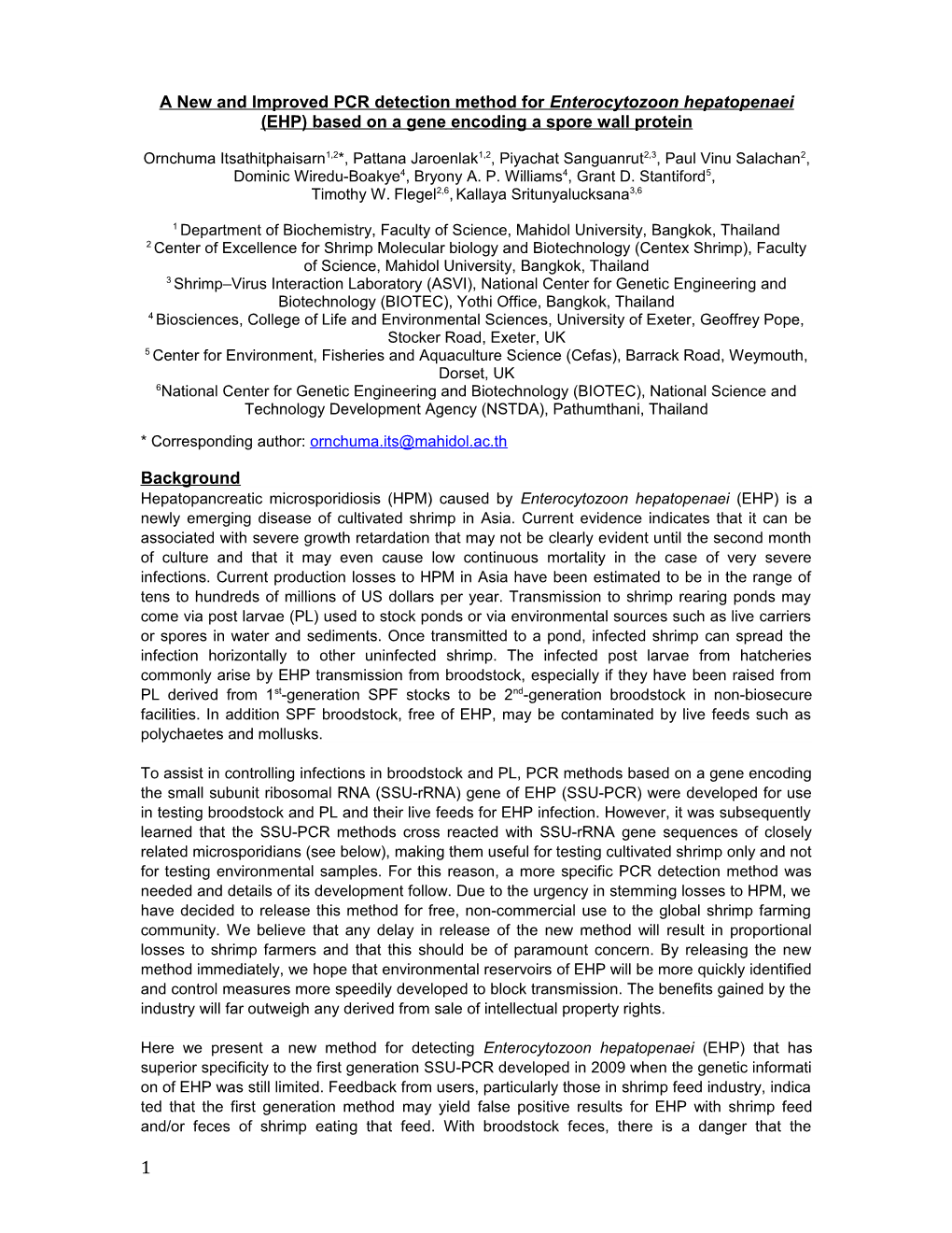 A New and Improved PCR Detection Method for Enterocytozoon Hepatopenaei (EHP) Based On