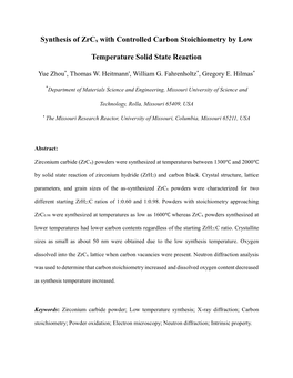 Synthesis of Zrcx with Controlled Carbon Stoichiometry by Low