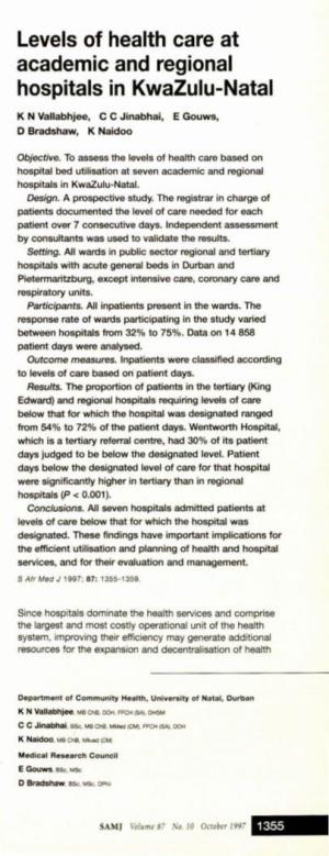 Levels of Health Care at Academic and Regional Hospitals in Kwazulu-Natal