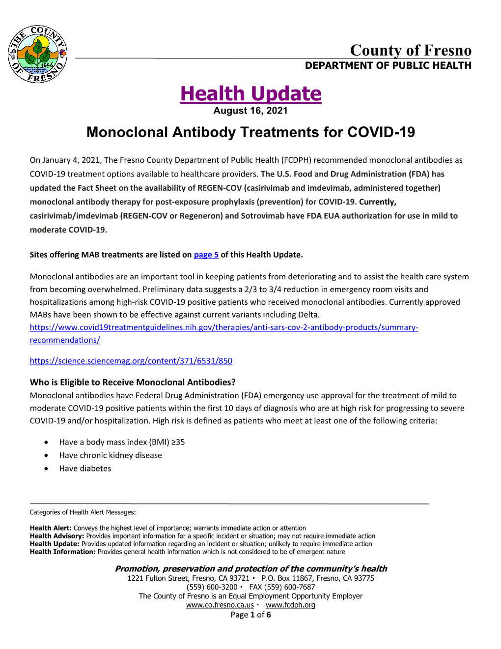 FCDPH- Health Update- Monoclonal Antibody Treatments for COVID-19