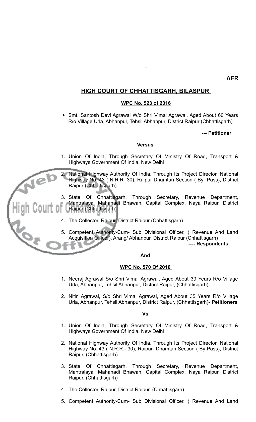 Afr High Court of Chhattisgarh, Bilaspur