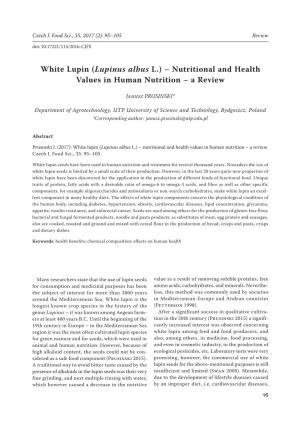 White Lupin (Lupinus Albus L.) – Nutritional and Health Values in Human Nutrition – a Review