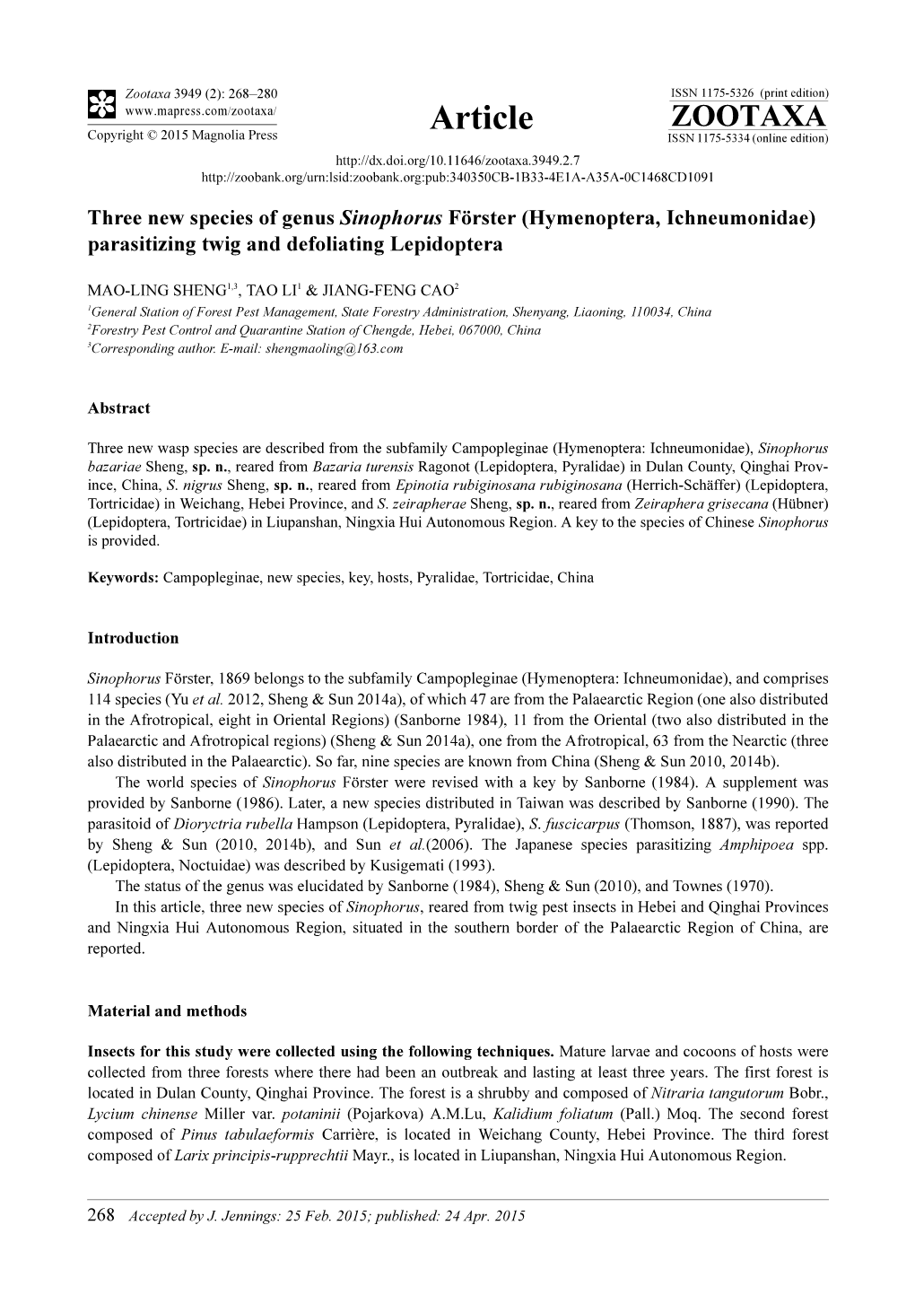 Hymenoptera, Ichneumonidae) Parasitizing Twig and Defoliating Lepidoptera