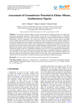 Assessment of Groundwater Potential in Ehime Mbano, Southeastern Nigeria