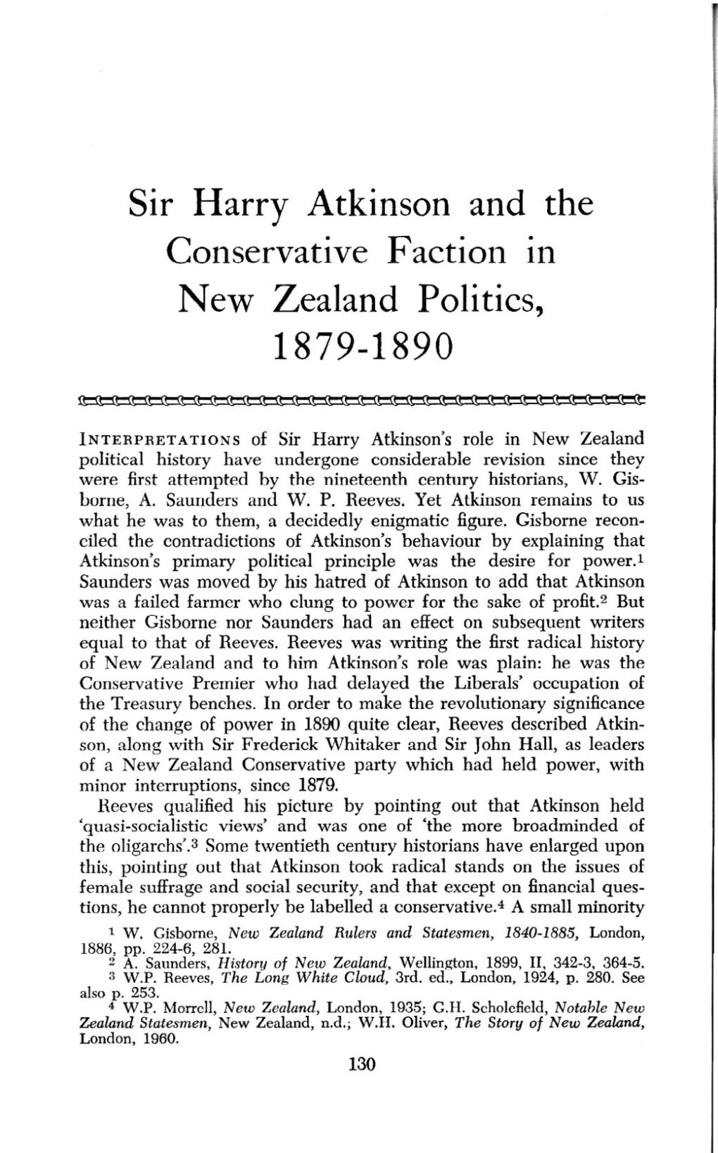 Sir Harry Atkinson and the Conservative Faction in New Zealand Politics, 1879-1890