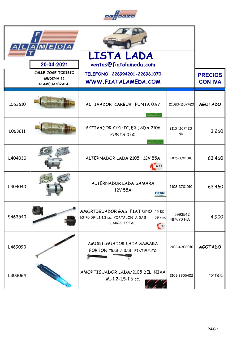 LISTA LADA 20-04-2021 Ventas@Fiatalameda.Com CALLE JOSE TORIBIO TELEFONO 226994201-226961070 PRECIOS MEDINA 11 ALAMEDA/BRASIL CON IVA