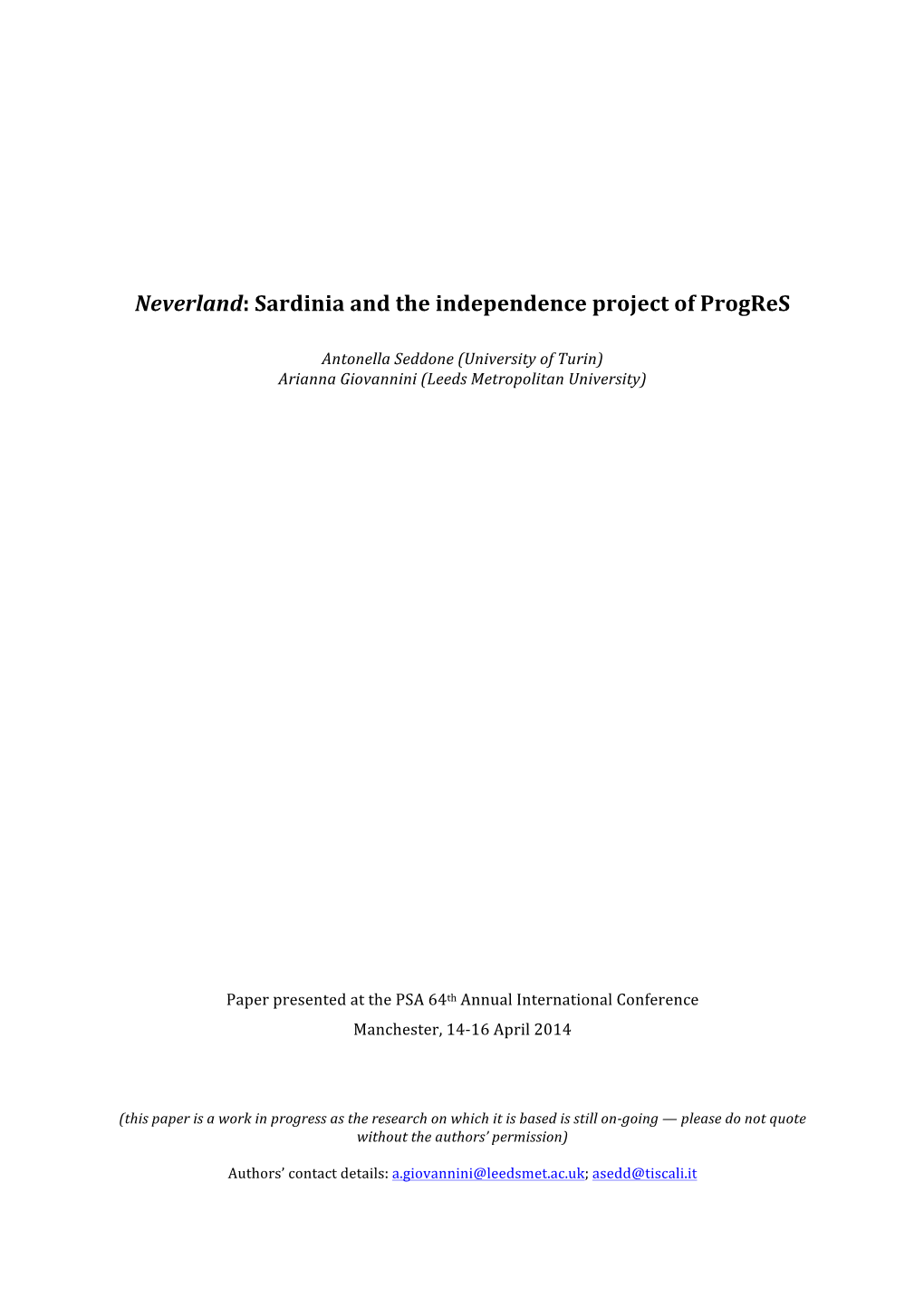 Neverland: Sardinia and the Independence Project of Progres