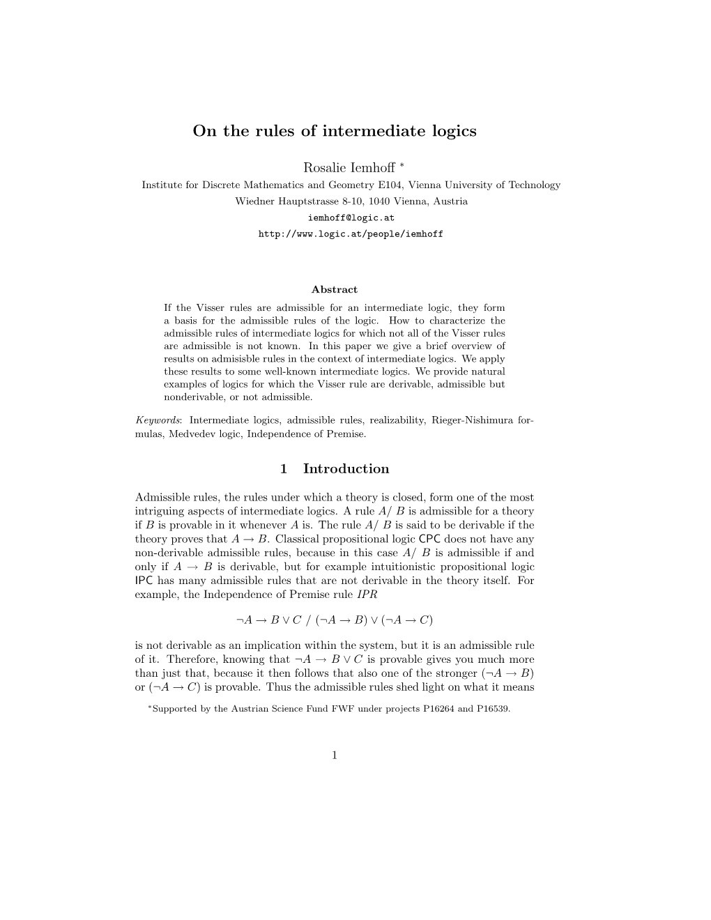 On the Rules of Intermediate Logics